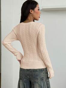 Coolane Áo len nữ mùa đông phong cách cổ điển Preppy Y2K, thích hợp mặc hàng ngày, đi chơi, dự tiệc thời Phục Hưng, dệt kim kiểu dây thừng, màu be, cổ chữ V. - Màu be - Xem 5