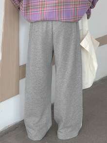 DAZY 少女针织直筒撞色蕾丝休闲裤，秋季款 - 灰色 - 查看 5