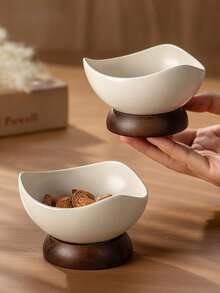 1pc Ceramic Dessert Bowl With Wooden Base - Multi-Use For Ice Cream, Dates & Nuts, Small Serving Tray For Home & Cafe - Multicolor - View 6
