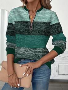 EMERY ROSE Plus Size Textured Striped Print Half-Zip Round Neck Sweatshirt For Women