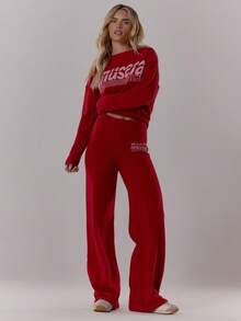 MUSERA Knitted Wide Leg Drawstring Relaxed '' Sweater Pants Old Money Cute Country Cottage Core Back To School Casual Lounge For Women Butterscotch Spring Valentines Day - Burgundy - View 1