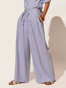 Poéselle 女士休闲通勤条纹侧袋宽松阔腿裤，秋季款 - 藍白色 - 查看 7
