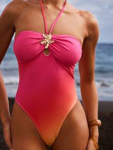 Swim Vcay بدلة سباحة قطعة واحدة للنساء مزينة بنجوم البحر المعدنية ذات تدرج اللون للعطلات الصيفية والشاطئ - متعدد الألوان - مشاهدة 6