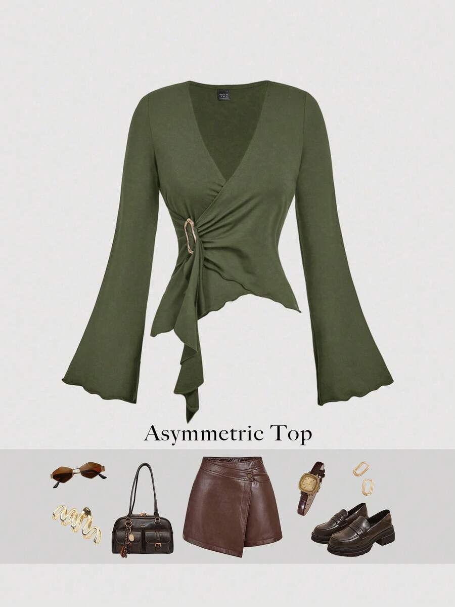 SHEIN MOD 女士纯色交叉裹身喇叭袖时尚荷叶边下摆优雅T恤 - 軍綠色 - 查看 1