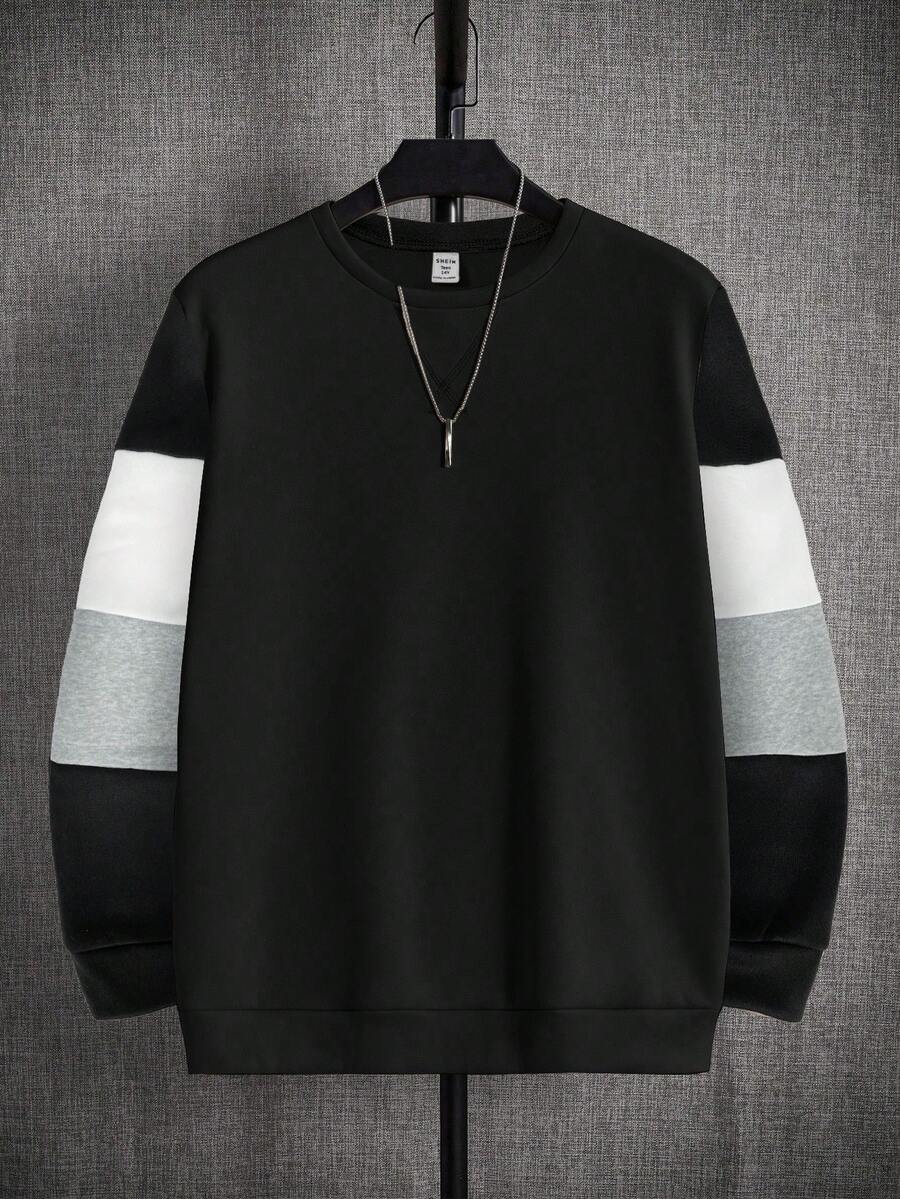 SHEIN Sudadera de cuello redondo de manga larga con bloques de color en contraste, de ajuste holgado para adolescentes, adecuada para primavera, verano, otoño e invierno, apta para el hogar y la escuela - Multicolor - Ver 1