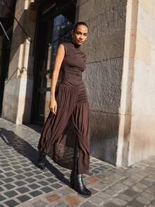 SHEIN X LOS FAVORITOS DE ANA GONZALEZ Maija Đầm nữ màu nâu mocha xếp lớp, phối lưới, kiểu dáng thời trang, thanh lịch, thích hợp cho tiệc tùng và đi làm trong thành phố, ra mắt mùa hè 2025. - màu nâu - Xem 7