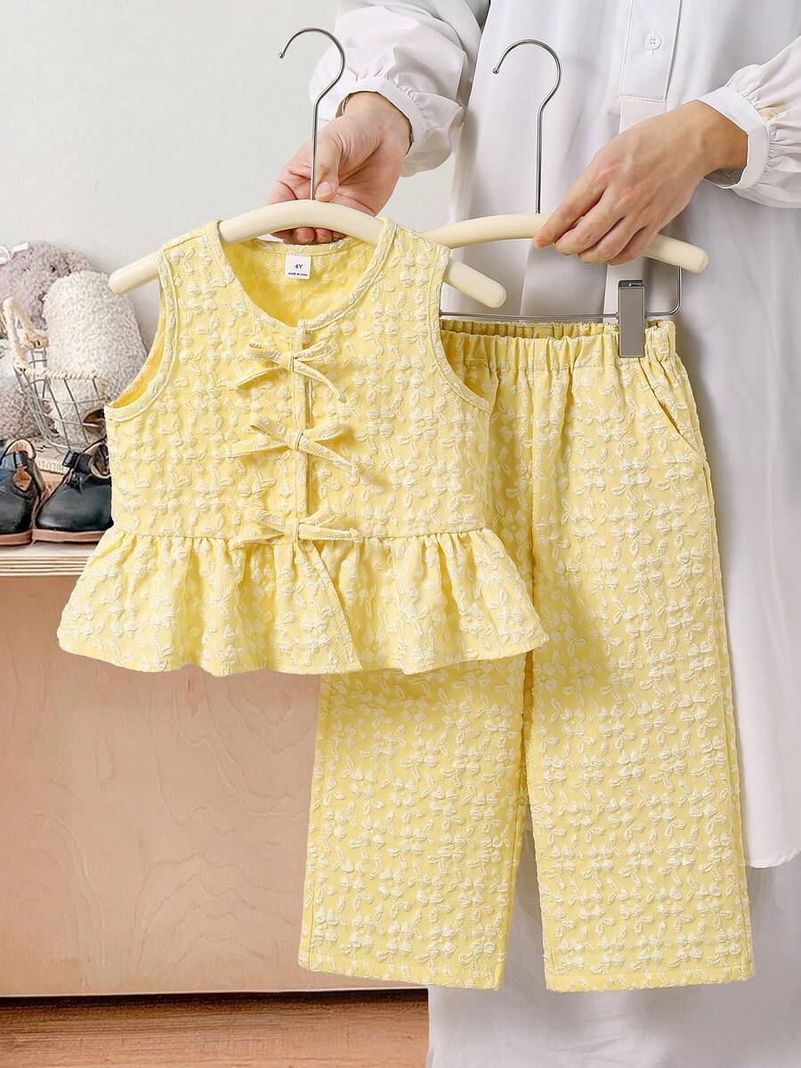 SHEIN Young Girl Tween Girls Casual Minimalist Comfy Round Neck Ruffle Hem Camisole And Pants 2 Piece Set - Yellow - View 1