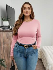 SHEIN LUNE 加大码冬季加厚圆领修身长袖保暖T恤，休闲日常假日T恤 - 粉色 - 查看 6