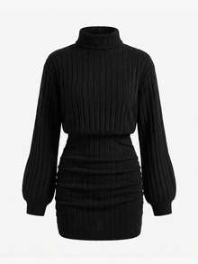 SHEIN 少女红色罗纹高领宽松腰部修身臀部褶皱连衣裙，休闲优雅复古百搭叠穿长袖短款连衣裙，适合圣诞派对、冬季穿着 - 黑色 - 查看 5