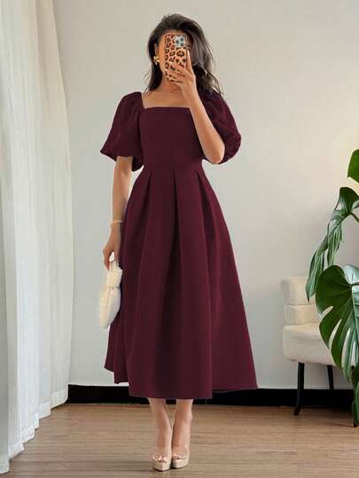 Elenzga Vestido de mujer de manga corta con cuello redondo, volantes en el bajo y silueta evasé, en unicolor elegante y minimalista, adecuado para ir a la oficina, negocios, casual, vacaciones, té de la tarde, fiestas