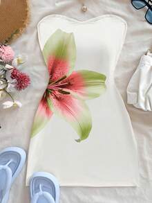 EMERY ROSE 女士碎花抹胸迷你连衣裙，休闲夏季度假装 - 白色 - 查看 4