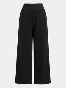 SHEIN 少女低腰纯色阔腿裤 - 黑色 - 查看 2