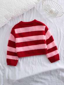SHEIN Playful Pals 女婴休闲条纹撞色针织衫，长袖，秋冬款 - 紅色 - 查看 2