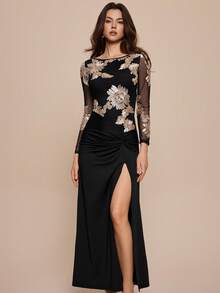 Leighera Đầm nữ thanh lịch, gợi cảm, ôm sát, thêu ren, phối nhiều mảnh, xẻ tà cao. - màu đen - Xem 4