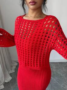 SHEIN Elenzya Women's Bright Red Autumn Chic Night Out 2-Piece Set,Hollow Out Long Sleeve Sweater & Spaghetti Strap Dress,Vintage Stockholm Style Elegant Outfit - Red - View 5