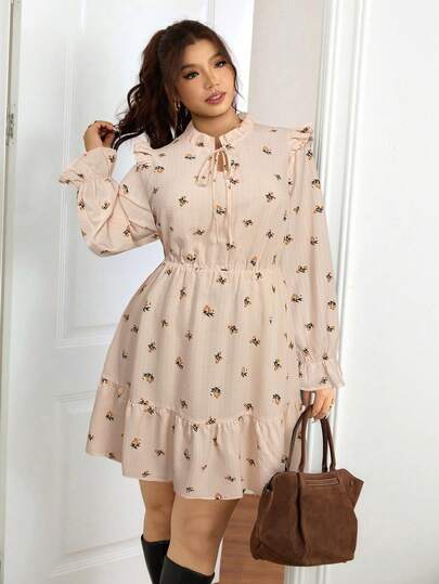 Lounesse Plus Size Women Floral Print Casual Waist Cinched Dress Long Sleeve Summer Dresses Cottagecore Dress