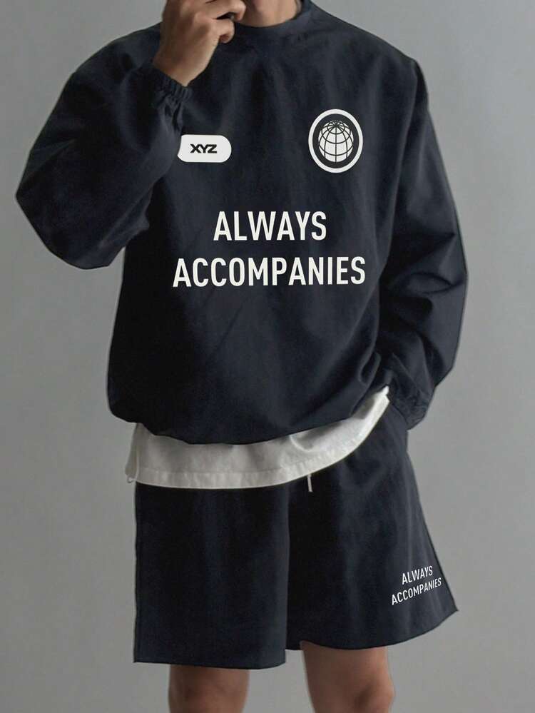 Men's Navy Blue Letter Print Crew Neck Pullover Pullover Sweatshirt Set With Drawstring Design, Spring/Summer