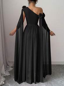 Rafferiza 红色荷叶边褶皱网纱连衣裙，优雅派对礼服，超长袖 - 黑色 - 查看 2