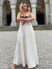 Jeta Ari Vestido de verano de mujer de ajuste holgado con patchwork de encaje en blanco y negro, vestido midi con tirantes, de lino, vestidos casuales de mujer, vestido de fiesta - Blanco y Negro - Ver 5