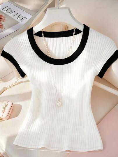 Franclia 女士撞色滚边圆领罗纹针织休闲短袖T恤