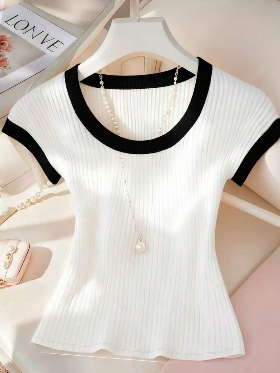 Franclia 女士撞色滚边圆领罗纹针织休闲短袖T恤 - 白色 - 查看 1