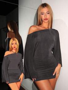 EgrlEra 女士时尚纯色露肩喇叭袖修身迷你连衣裙 - 黑色 - 查看 6