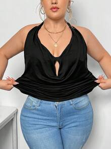 Truni Sometimesglam Plus Size Women's Fashionable Sexy Solid Color Draped Neck Backless Halter Top, For Pear Triangle Body Shape - Black - View 7