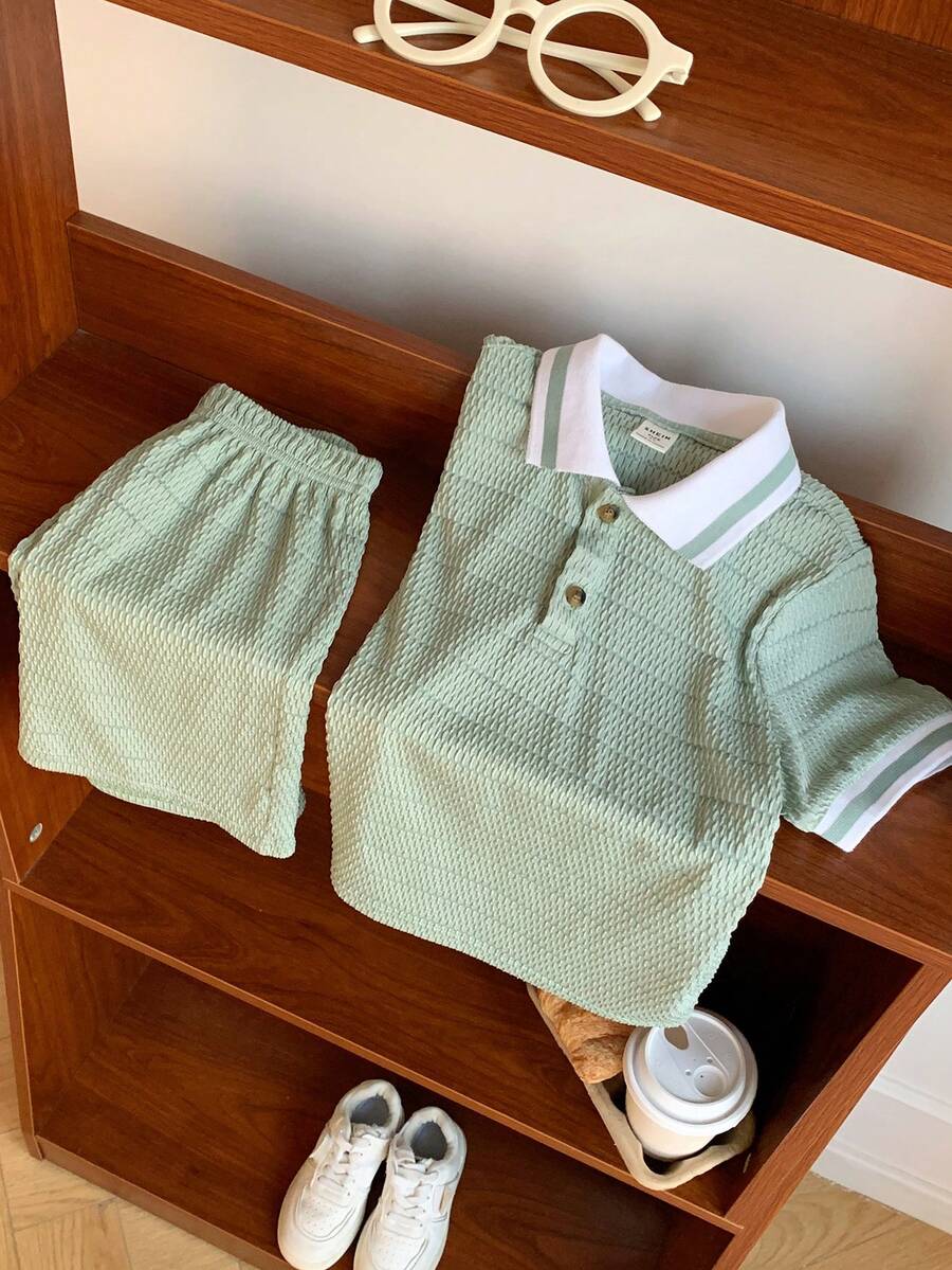 SHEIN 2件套儿童男童休闲可爱百搭高弹舒适针织短裤套装，豌豆绿，适合上学、花园、海滩、生日、春夏穿着。 - 綠色 - 查看 1