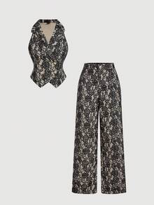 SHEIN MOD Bộ vest và quần dài kiểu cổ điển dành cho nữ, gồm 2 món, có ren, cúc ngọc trai, tay dài, thích hợp cho hẹn hò, Halloween, đi học, phong cách Y2K, Grunge, quý tộc cổ điển mùa thu/đông. - màu đen - Xem 1