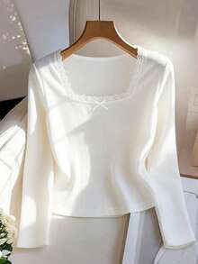 Tricou adolescentă, casual, minimalist, cu guler pătrat, cu dantelă și fundă decorativă