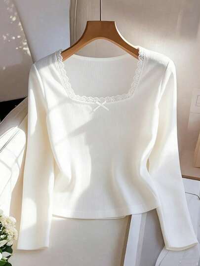 Teen Girl Fitted Casual Minimalist Square Neck Lace Trim Bow Decor T-Shirt