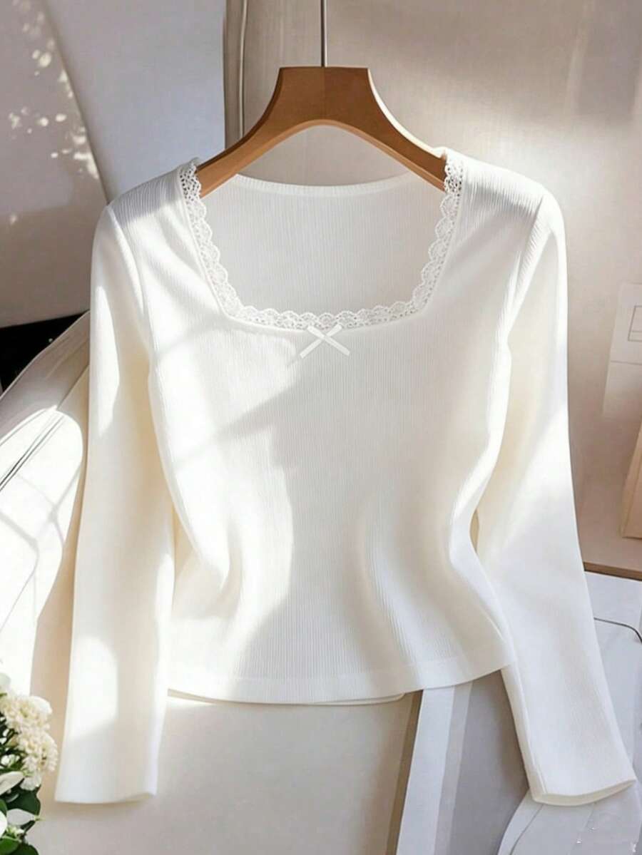 Tricou adolescentă, casual, minimalist, cu guler pătrat, cu dantelă și fundă decorativă