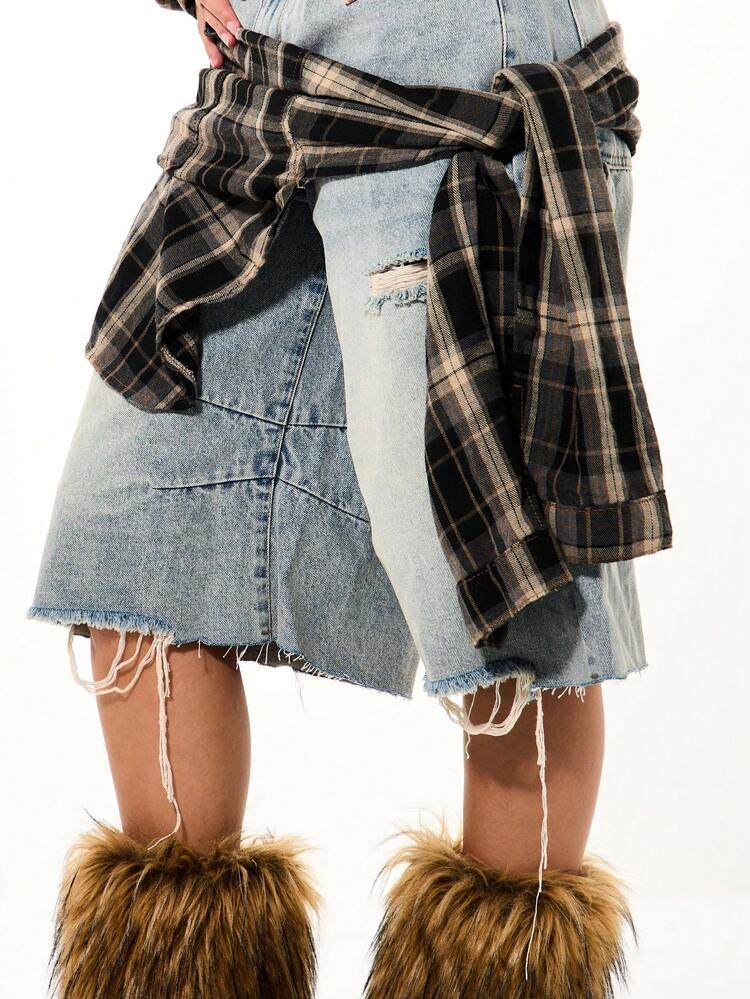 SUMWON WOMEN Distressed Deconstructed Denim Shorts With Frayed Hem