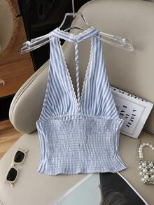Resyla Summer Fashion New Blue Striped Women's Camisole Lace Patchwork Women's Camisole Criss-Cross Back Women's Camisole Hollow Back Women's Camisole Vacation-Suitable Women's Camisole - Blue and White - View 2