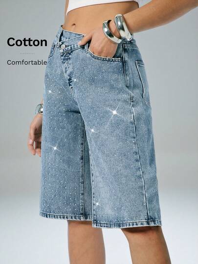 Denimoi Rhinestone Embellished Jorts Overlapping Waist Line Denim Capri Shorts Summer Style Summer Outfits For Women Shorts Concert Outfits Fashionable Denim Shorts Deni Jorts