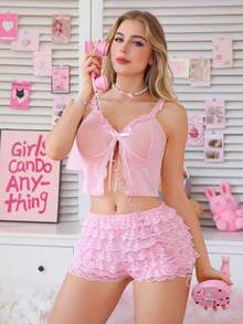 SHEIN 2pcs/Set Petite Doll Pink Lace Mesh Bow Crop Top And Shorts Sexy Lingerie Set For Women Lace Pajama Set Babydoll Pajama Set Valentine's Day Lace Pj Set Babydoll Lingerie Set Luvlette Lingerie Sleep Set - Pink - View 1