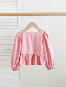 SHEIN LMoss Kids 女童纯色系带长袖简约休闲衬衫 - 淺粉色 - 查看 2