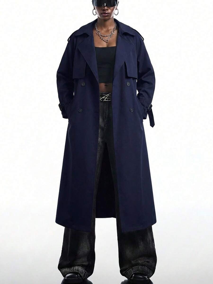 LYSMO 女式休闲纯色双排扣风衣，秋季 - 藏蓝色 - 查看 1