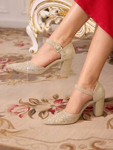 CUCCOO TILAWA أحذية كعب عالي أنيقة للنساء مزينة بالراين ستون للحفلات - لون شمبانيي - مشاهدة 3