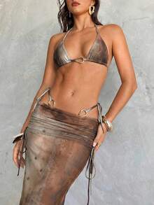 Aloruh 女士三件套比基尼套装，性感优雅浪漫复古梅子色、栗子酒红色，饰有金属装饰，迷你三角罩杯挂脖上衣、迷你丁字裤泳裤和超长纱笼裙，适合度假、海滩穿着，比基尼泳装套装 - 彩色 - 查看 6