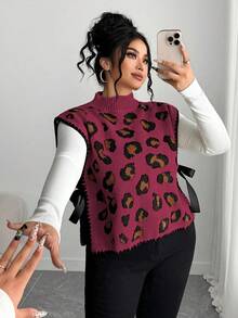 Elenzga Women's Elegant Leopard Print Tie-Up Sleeveless Loose Knit Sweater Vest,Plus Size,Summer Everyday Brown Polka Autumn/Winter Outerwear Leopard Top - Red Violet - View 1