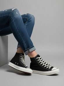 Tenis botin casuales de hombre mujer casual unisex de deporte bota para primavera y otoño, de punta redonda , livianas modelo de tenis versátiles, DOBLE ALTURA de plataforma zapatillas planas de lona blanco negro skate - Blanco y Negro - Ver 1