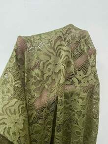 SHEIN Tall 大码女式性感透视蕾丝长袖圆领休闲修身高弹力上衣，春秋季 - 橄欖綠 - 查看 7