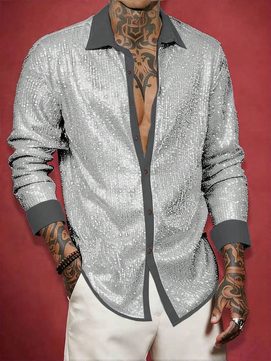 Manfinity AFTRDRK 男士拼接亮片装饰长袖衬衫，镶钻男装，闪亮衬衫，亮片衬衫，男士奢华服装，2026新年快乐金色男士夹克 - 淺灰色 - 查看 1