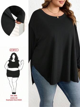 SHEIN CURVE+ 大码女式休闲宽松舒适日常简约百搭高开衩黑色T恤，户外上衣，春/秋/2026/新年款