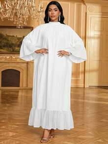 SHEIN Lady Đầm dài tay cổ lửng đơn sắc tối giản dành cho nữ, thích hợp mặc hàng ngày. - trắng - Xem 7