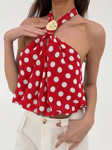 Aloruh Débardeur à col ras-du-cou moderne avec décoration métallique et motif à pois simple, pour femmes - Rouge - Voir 5