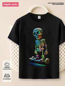 GraphicGems Camiseta de manga corta de estilo informal con estampado de calavera en el marco de monopatín colorido y de moda para niño preadolescente, para todas las estaciones - Multicolor - Ver 1