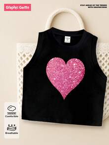 GraphicGems 年輕女孩款無袖上衣，帶金屬心形印花 - 黑色 - 查看 1