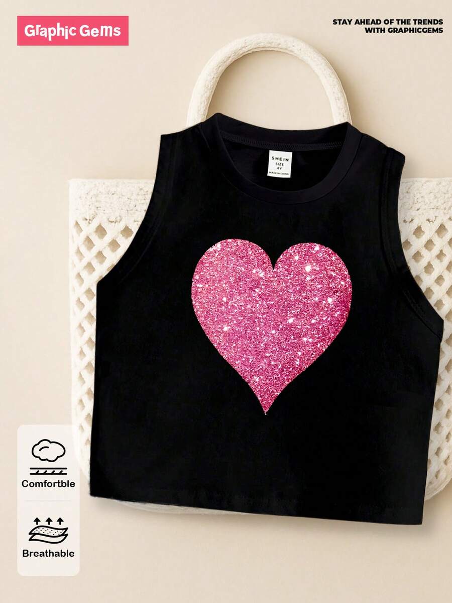 GraphicGems 年輕女孩款無袖上衣，帶金屬心形印花 - 黑色 - 查看 1